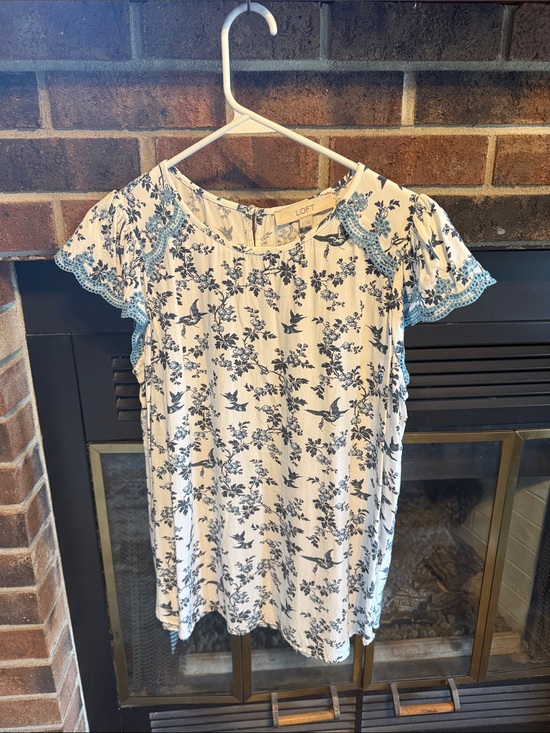 LOFT Tops - LOFT Cream Top with Blue Floral and Lace-Trim Flutter Sleeves